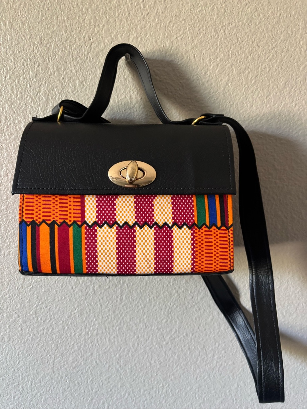 Black Leather Top-Handle Crossbody Bag with kente Pattern